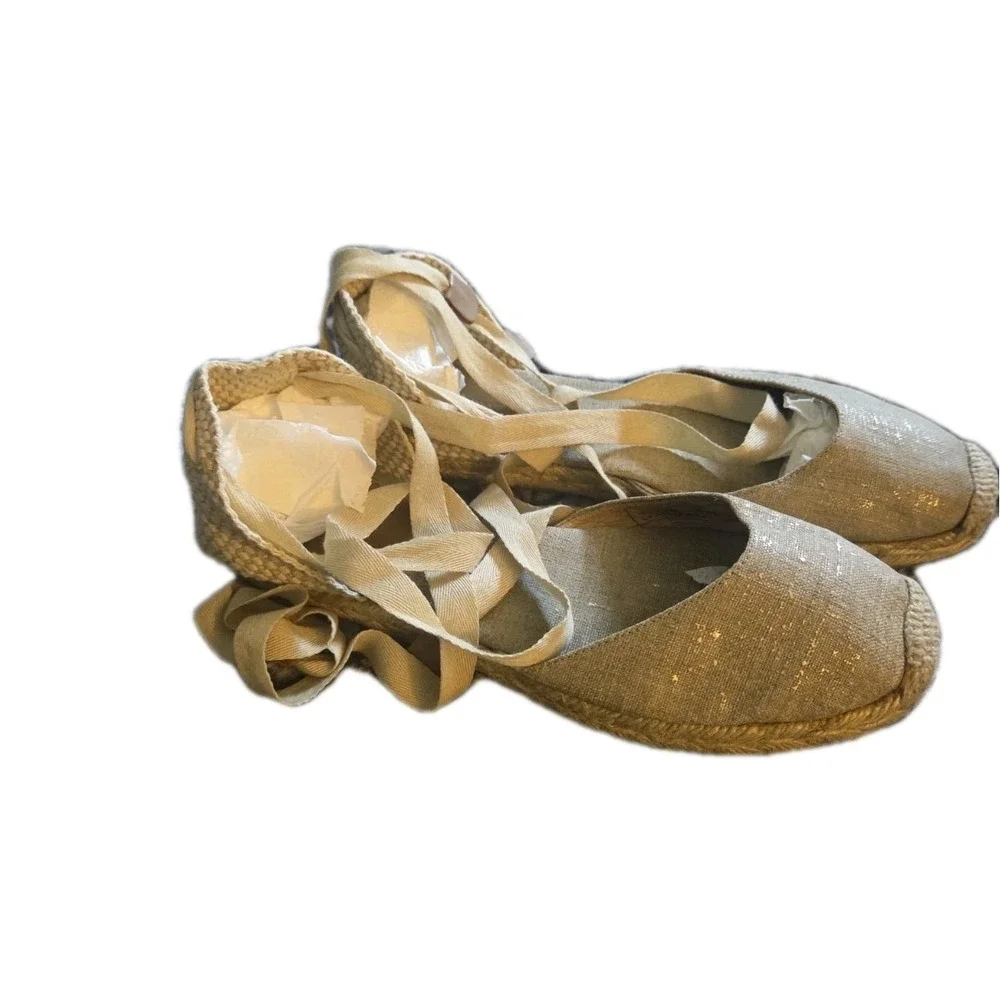 J.Crew Women's Lace-Up Espadrille‎ Flats Size 8 Beige Canvas Jute Summer Shoes